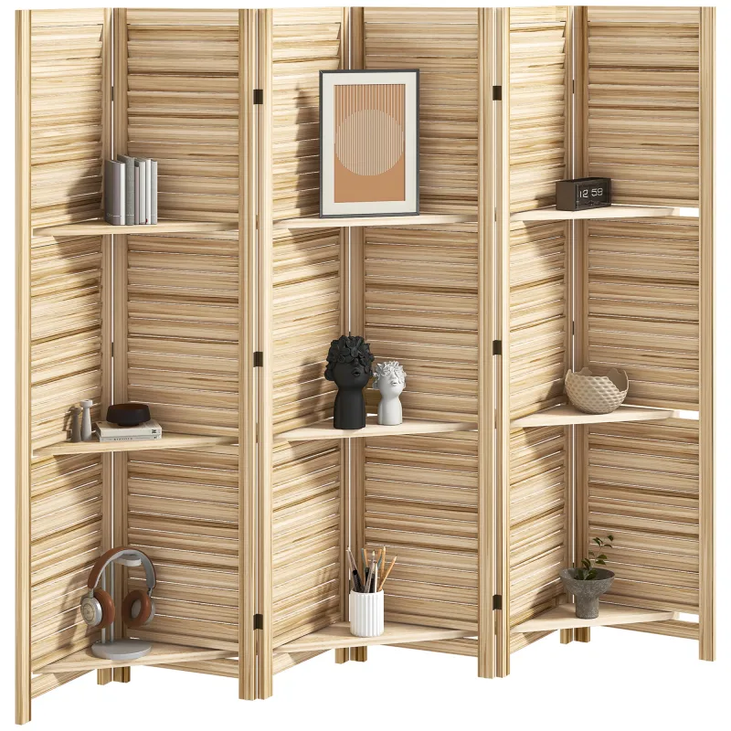 6 Panel 67" Tall Wood Privacy Screen Room Divider with 3 Shelves and Folding Storage for Bedroom, Natural Wood