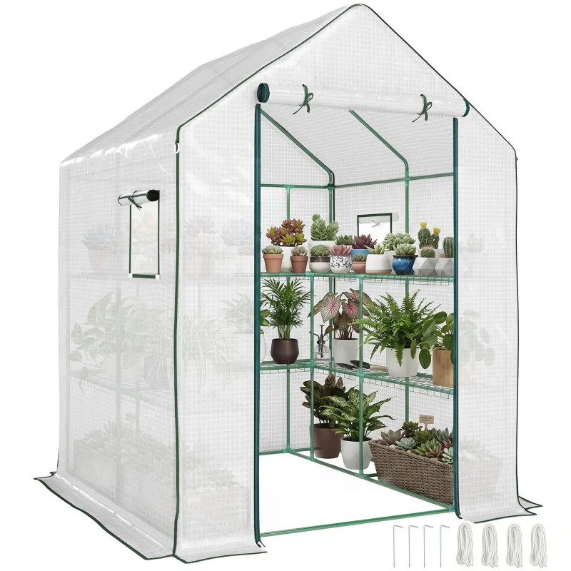 Portable Greenhouse, Water/UV Resistant Walk-In Small Outdoor Green House with 2 Tier Flower Rack Shelves, White