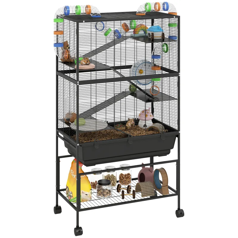 5 Tier Hamster Cage, Rolling Rat Cage with Deep Tray, Storage Shelf, Big Exercise Wheel, Hut, Tube System
