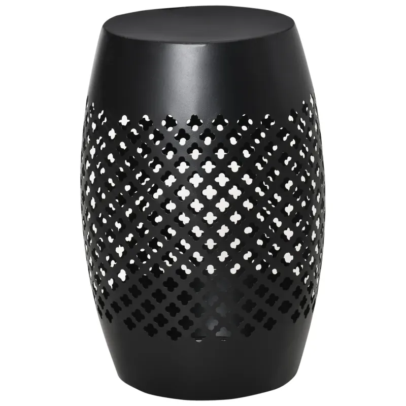 12" Steel Outdoor Side Table, Round Hollow Drum Patio End Table, Accent Table for Indoor and Outdoor, Black