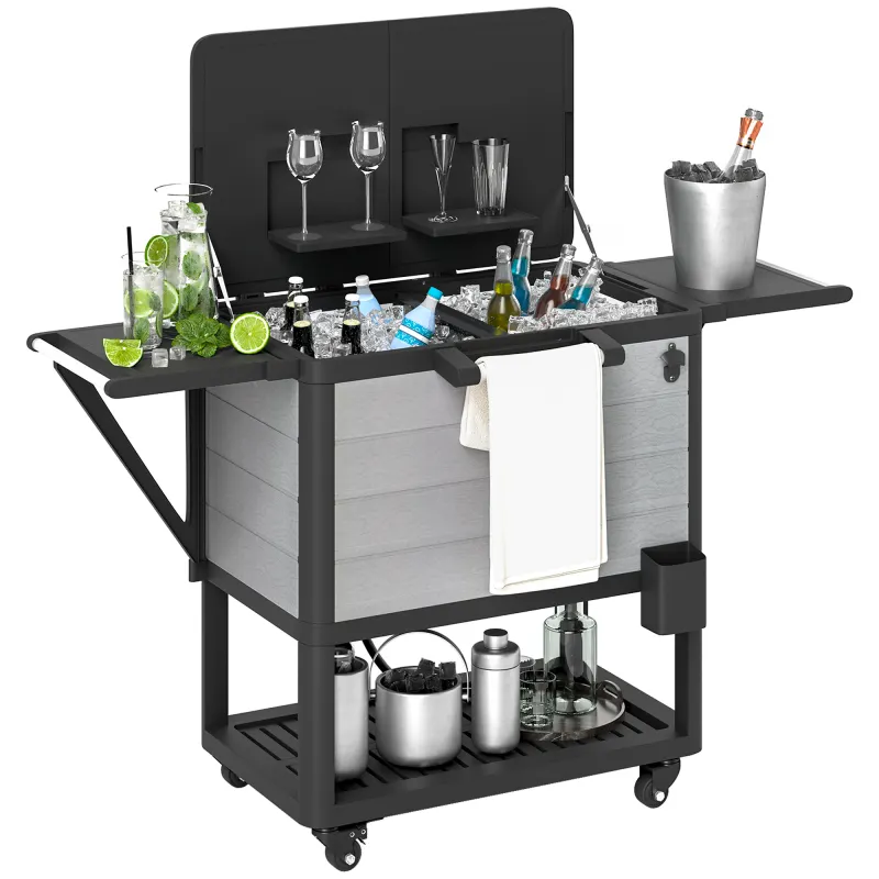 104 Quart Large Capacity Outdoor Cooler Cart, Patio Rolling Ice Chest with Bottle Opener Shelves Wheels, Gray