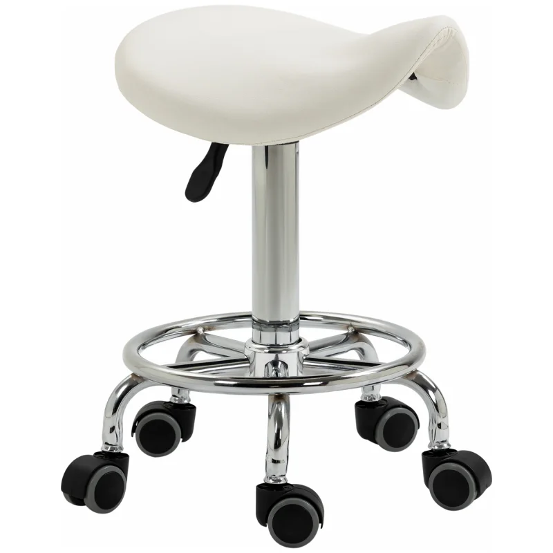 PU Leather Adjustable Stool, Rolling Saddle Stool with Wheels for Massage, Spa, Clinic, Beauty and Tattoo, White