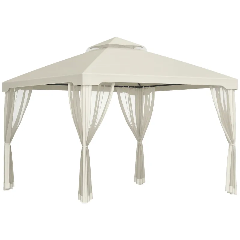 9.6' x 9.6' Patio Gazebo, Outdoor Canopy Shelter with 2-Tier Roof and Netting, Steel Frame, Cream White