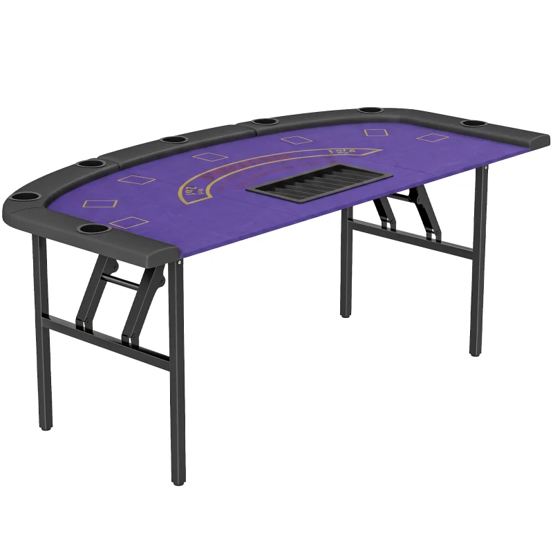 Poker Table Foldable, 72" Portable Casino Blackjack Table for 8 Players with Felt Surface, Cup Holders, Dark Blue