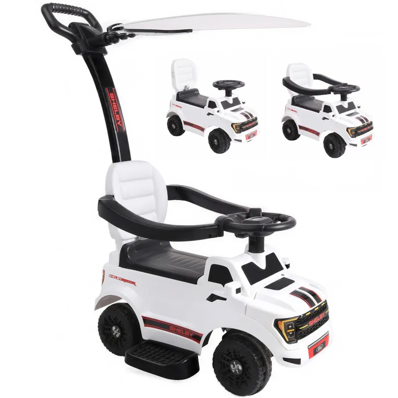 3-in-1 Push Car for 1-3, Licensed FORD Shelby Sliding Walking Car with Parent Handle, Canopy, Guardrail, Storage, White