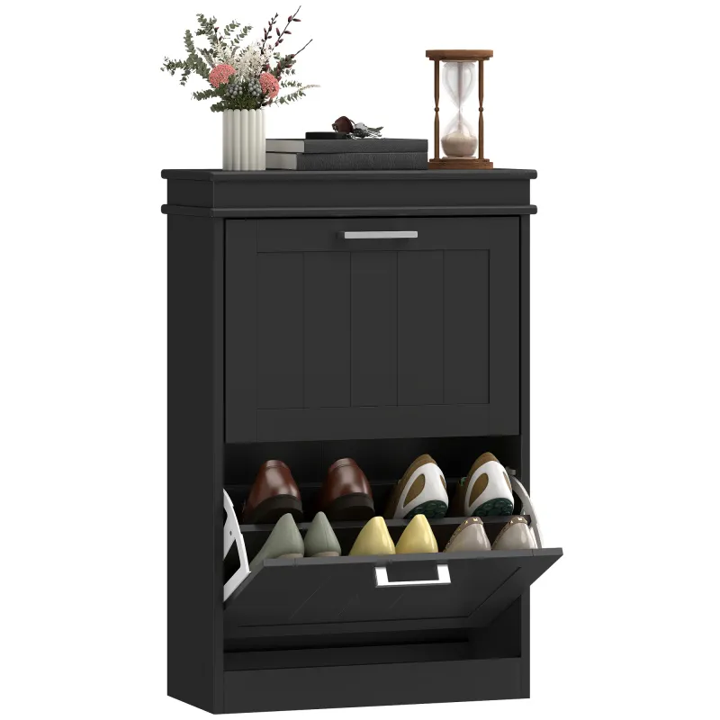 Modern Shoe Storage Cabinet with 2 Flip Drawers for 10 Pairs, Narrow Shoe Organizer for Entryway, Hallway, Black