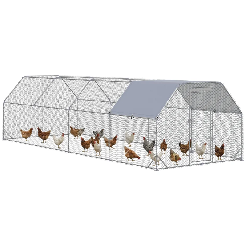 Large Chicken Coop Metal Chicken Run with Waterproof and Anti-UV Cover, Flat Shaped Walk in Fence Cage Hen House for Outdoor and Yard Farm Use, 1" Tube Diameter, 9.2' x 24.9' x 6.4'