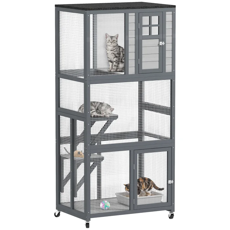 74" Wooden Outdoor Cat House Catio with High Weight Capacity, Cat Cage Condo, Dark Gray