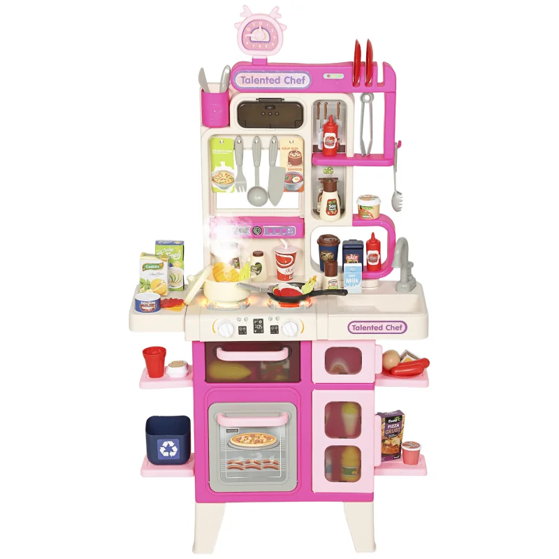 Pretend Play Kitchen Set with Realistic Lights & Sounds, 104PCS Toy Kitchen Accessories for Boys and Girls, Pink