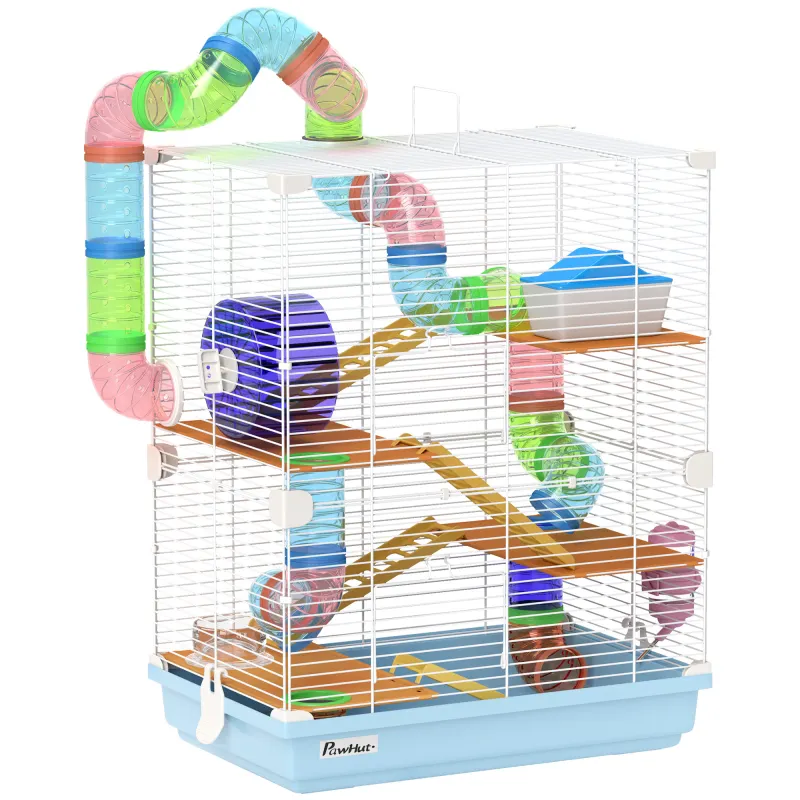 5 Tiers Hamster Cage Portable Animal Travel Carrier w/ Exercise Wheels Tube, Light Blue