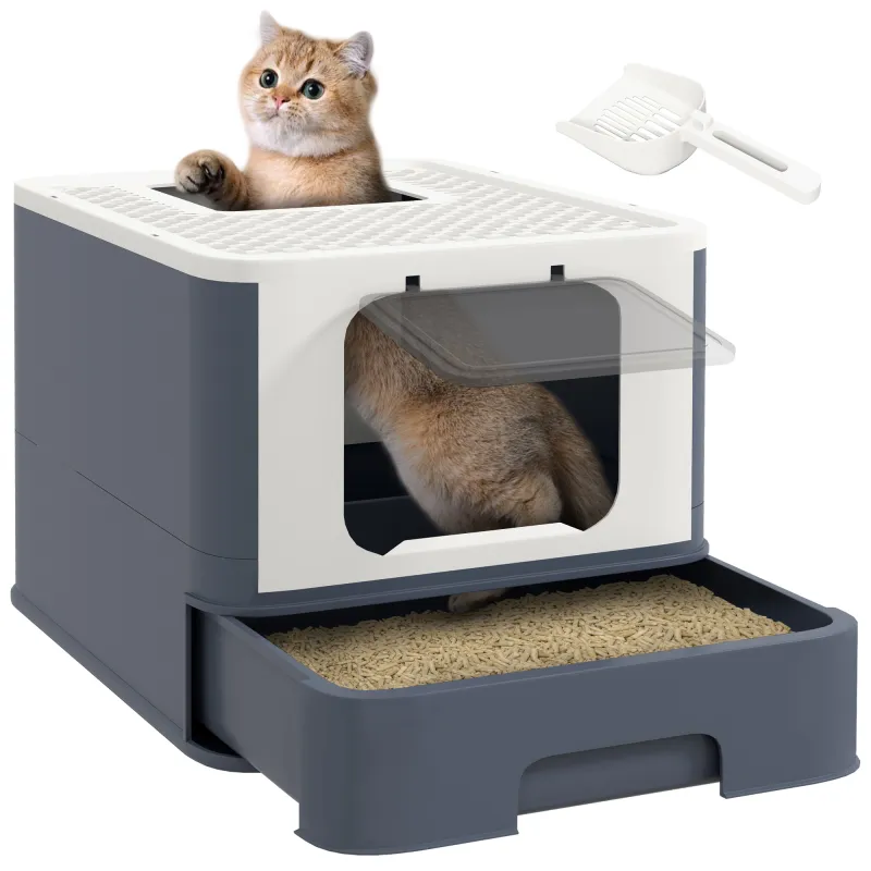 Cat Litter Box with Lid, Scoop, Front Entry, and Top Exit for Large Cats, White