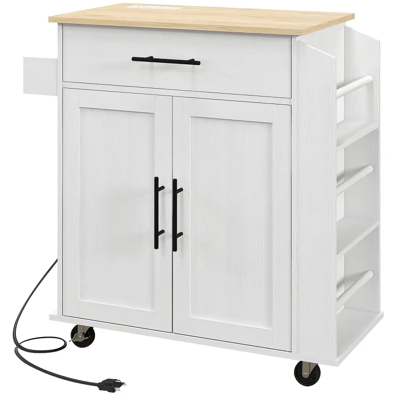 Rolling Island with Wheels for Kitchen, Kitchen Island on Rollers with Power Outlets, Drawer, and Doors, White