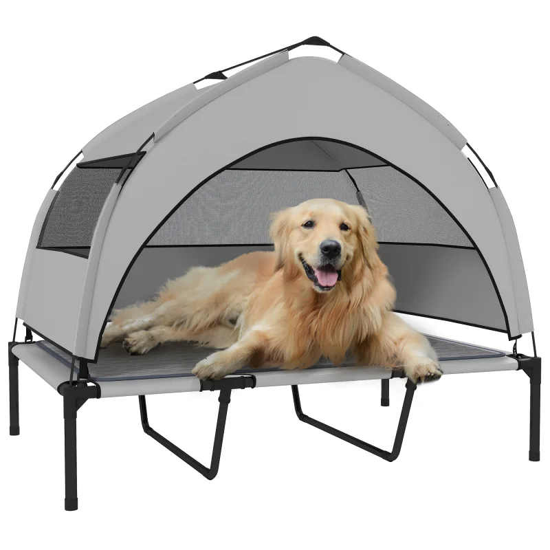 Elevated Dog Bed with Removable Canopy, Portable Outside Raised Pet Cot with Cooling Pad, Storage Bag, 42" x 30" x 37"
