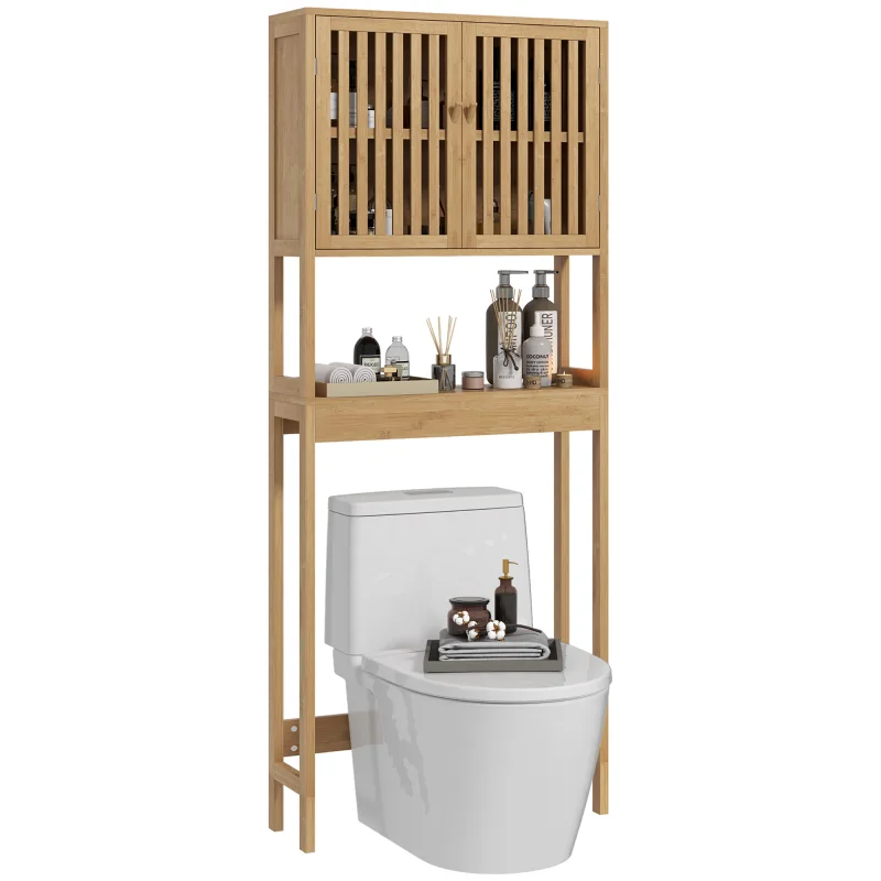 Over the Toilet Cabinet, Bamboo Bathroom Above Toilet Storage with Slatted Doors and Adjustable Shelf, Natural