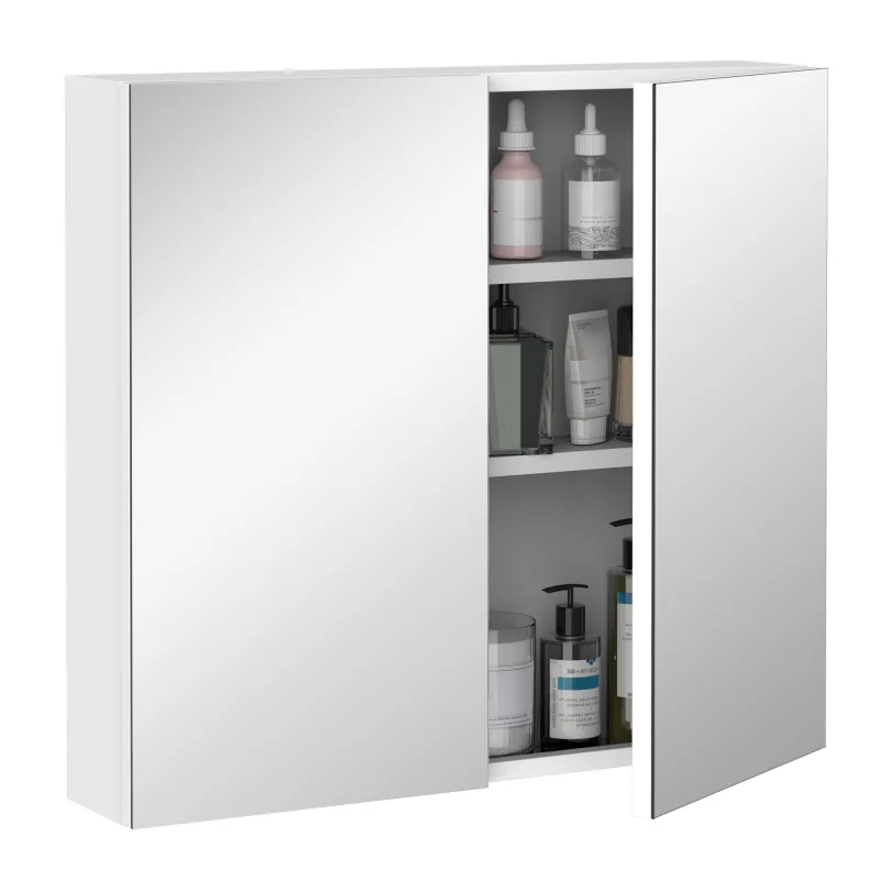 Bathroom Mirrored Cabinet, 24"x22" Steel Frame Medicine Cabinet, Wall-Mounted Storage Organizer with Double Doors, White