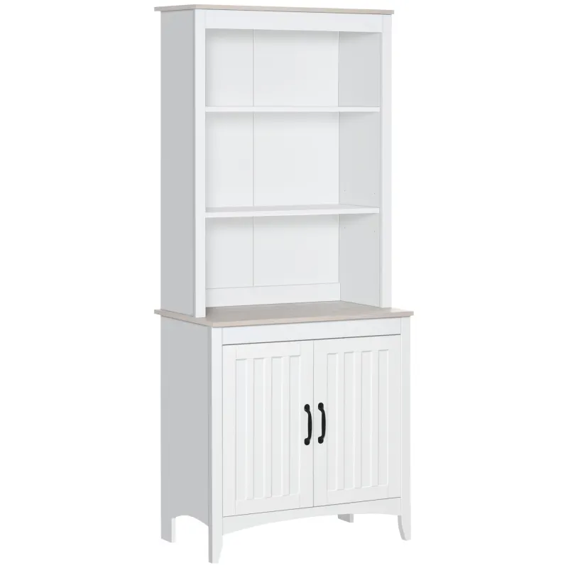 70" Kitchen Hutch, Freestanding Storage Pantry Cabinet with 3-Tier Shelving, Sideboard with Adjustable Shelves and Open Countertop, White