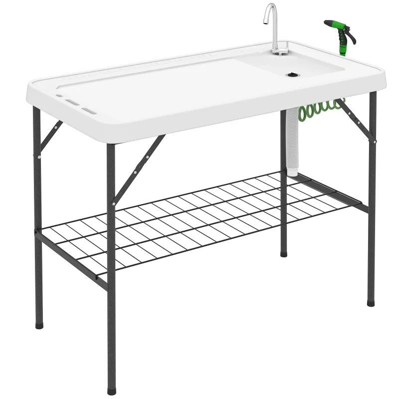 Folding Fish Cleaning Table with Sink, Portable Camping Table with Faucet, Drainage Hose, Sprayer and Shelf, White