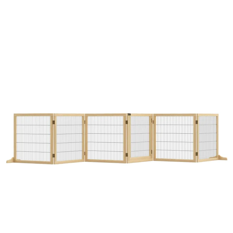 Wooden Pet Gate, 6-Panel Folding Dog Safety Barrier with Support Feet for Small & Medium Dogs, Natural Wood
