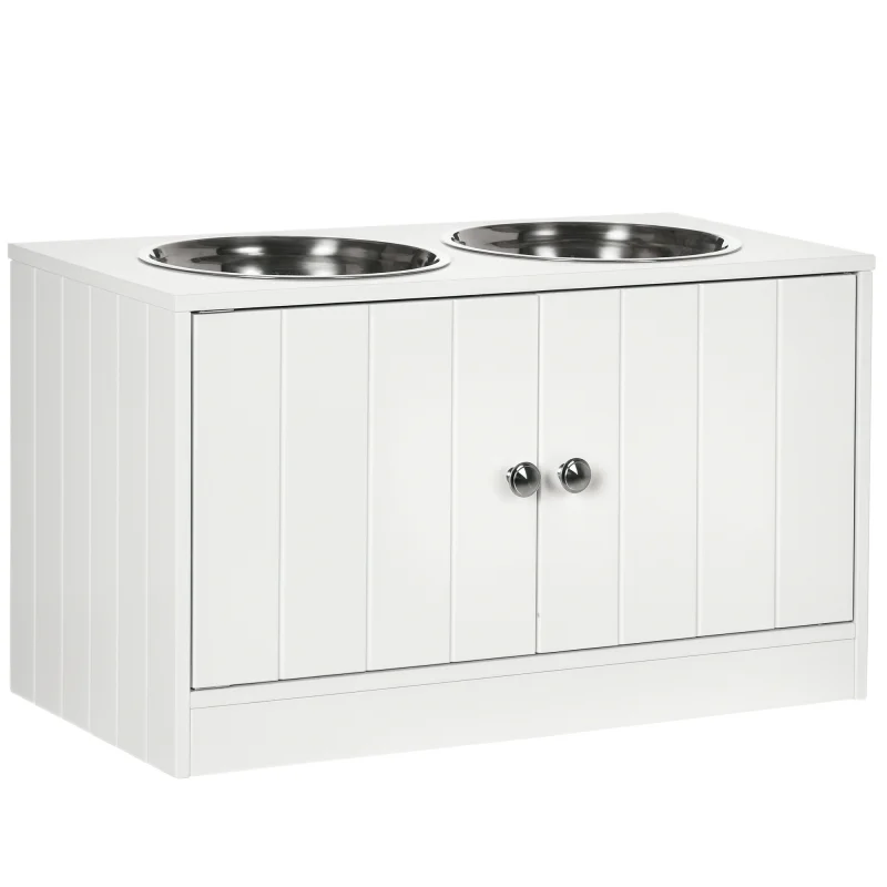 Large Elevated Dog Bowls with Storage Cabinet Containing Large 44L Capacity, Raised Dog Bowl Stand Pet Food Bowl Pet Feeding Station, White