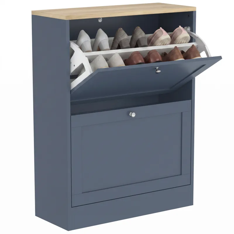 Slim Shoe Storage Cabinet, Modern Shoe Cabinet with 2 Flip Drawers and Adjustable Shelves for 8-12 Pairs, Blue