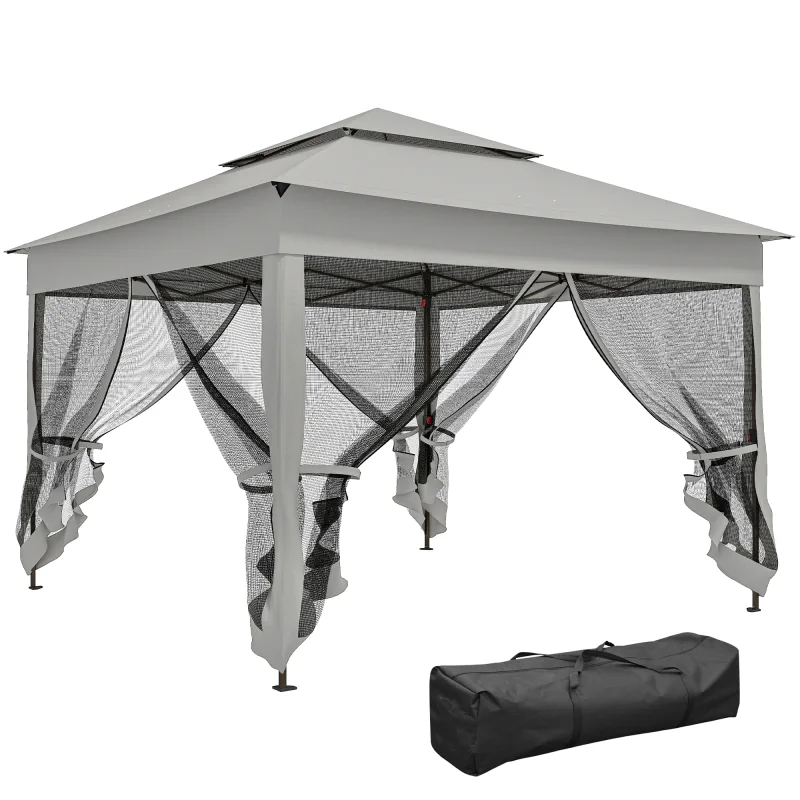 Outdoor Patio Pop Up Canopy Gazebo Shelter with Zipper Netting, Carry Bag, 11' x 11', Light Gray