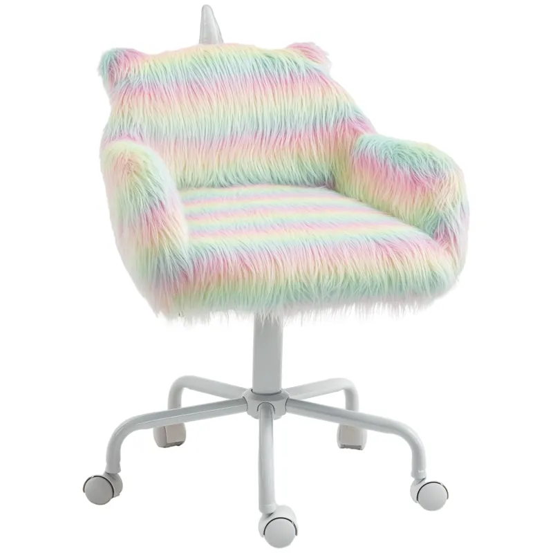 Fluffy Unicorn Office Chair with Mid-Back and Armrest Support, 5 Star Swivel Wheel White Base, Rainbow