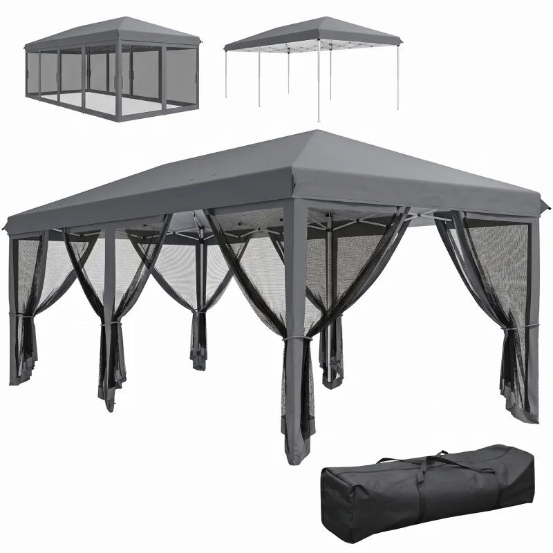 10' x 20' Pop Up Canopy Tent with Netting, Heavy Duty Instant Sun Shelter, Large Tents for Parties with Carry Bag, Gray