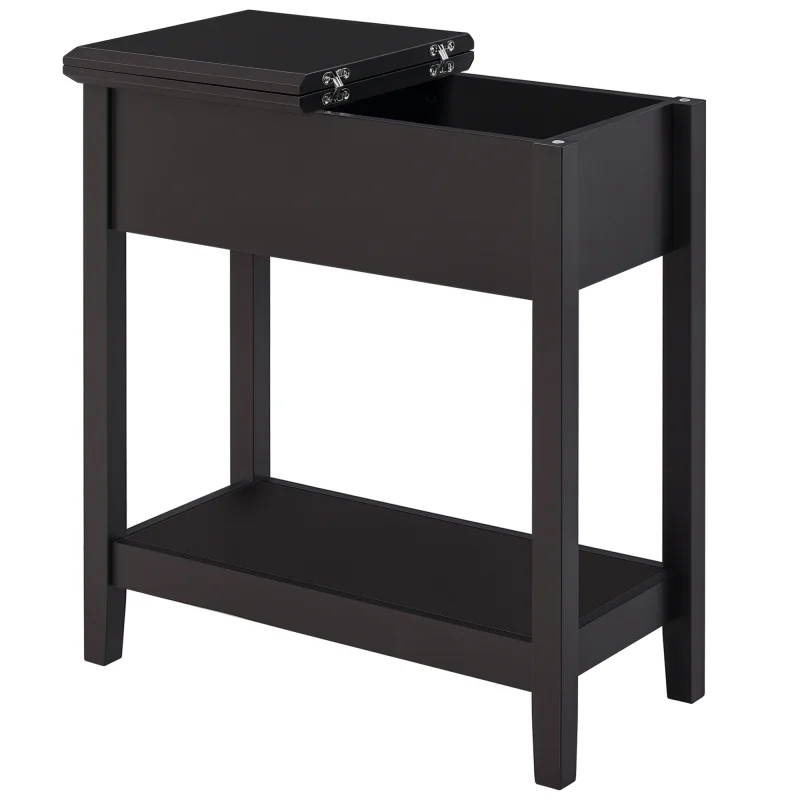 End Table, Narrow Side Table with Flip Top, Storage Cabinet, Bottom Shelf for Living Room, Dark Coffee