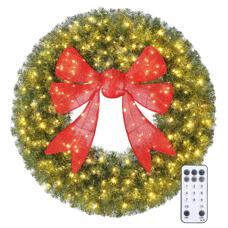 60in Pre-Lit Christmas Wreath with 3D Red Bow, 11 Lighting Modes, Front Door Christmas Wreath with Remote