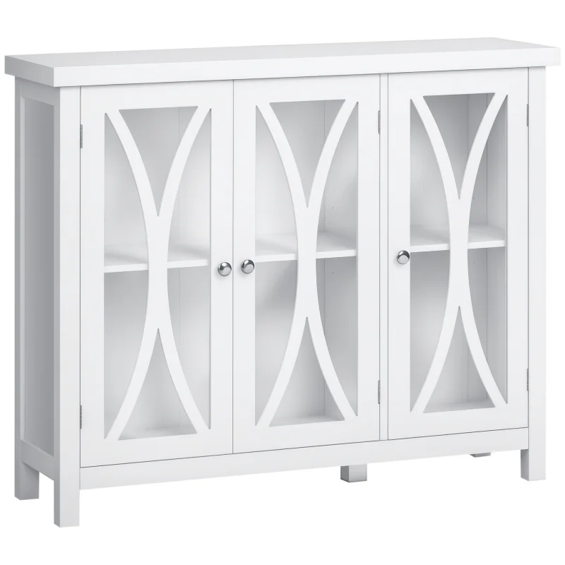 Sideboard, Buffet Cabinet with 3 Tempered Glass Doors, Arc Pattern and Adjustable Storage Shelf, Credenza, White