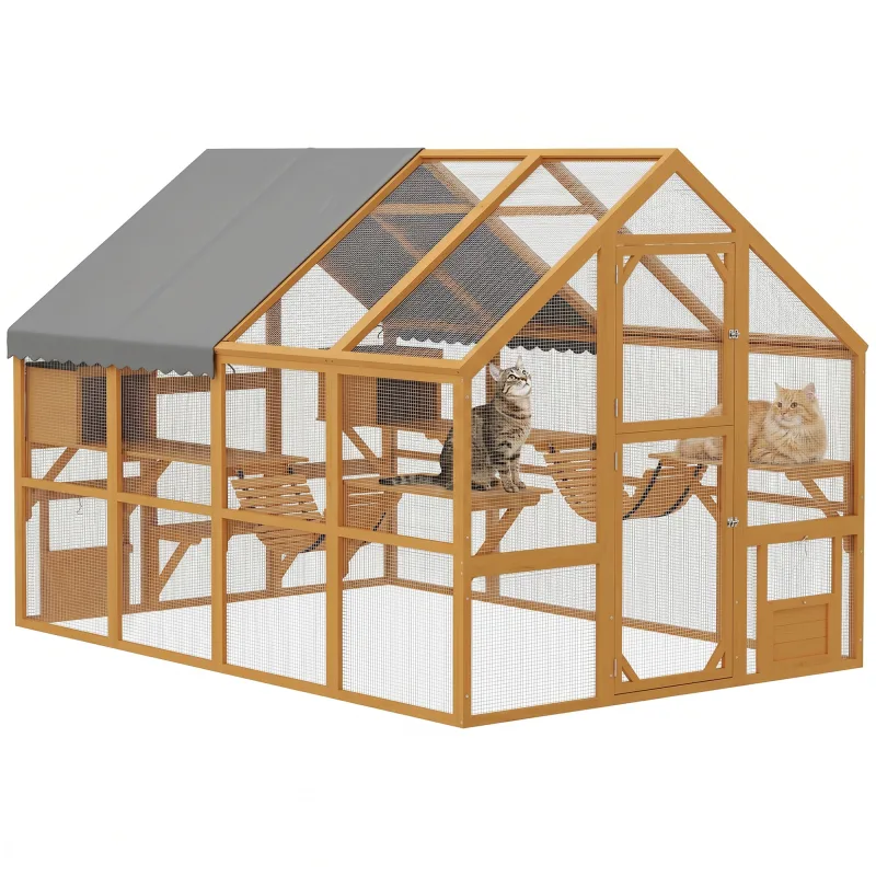 Wooden Catio Outdoor Cat Enclosure, Large Cat House with Waterproof Cover, 2 Condos, 6 Platforms, Bridge, Doors, Yellow