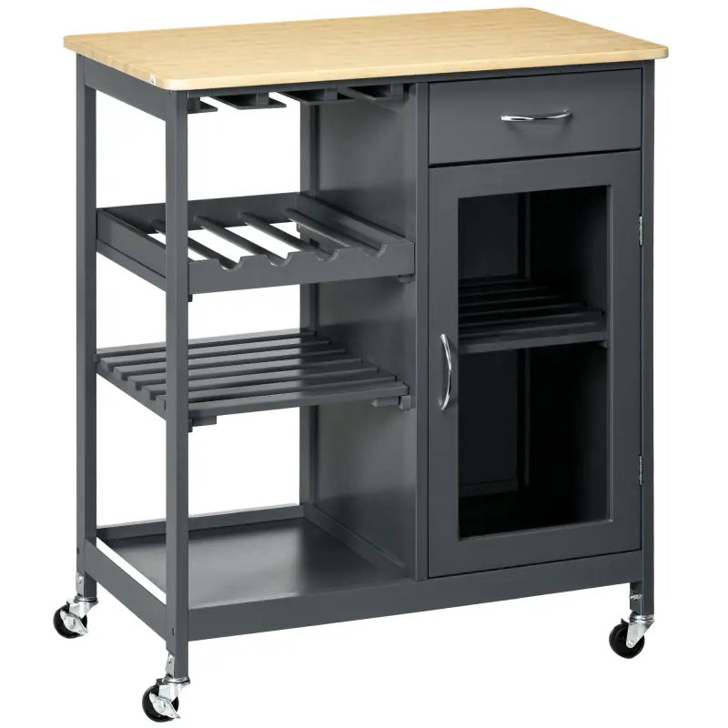 Rolling Kitchen Island with Storage, Kitchen Cart with 4-bottle Wine Rack, Bar Cart with Stemware Holder, Shelves, Drawer and Cabinet, Gray