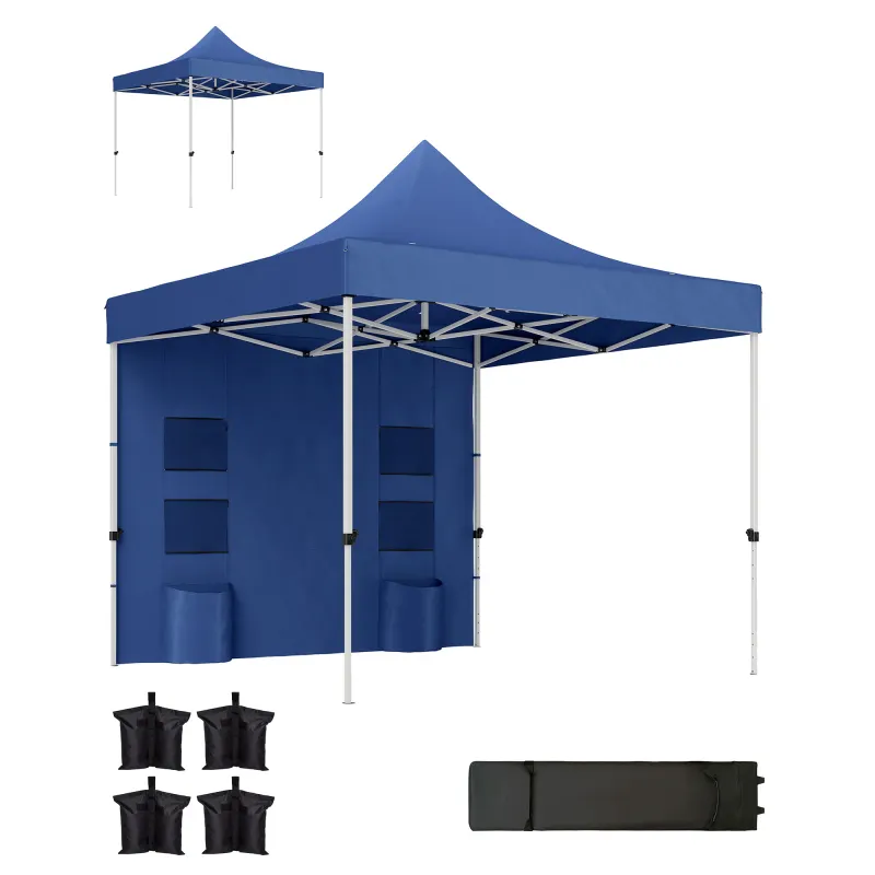 10' x 10' Heavy Duty Pop Up Canopy Tent with Sidewall, UPF50+ Instant Sun Shelter with Storage Pockets, Dark Blue