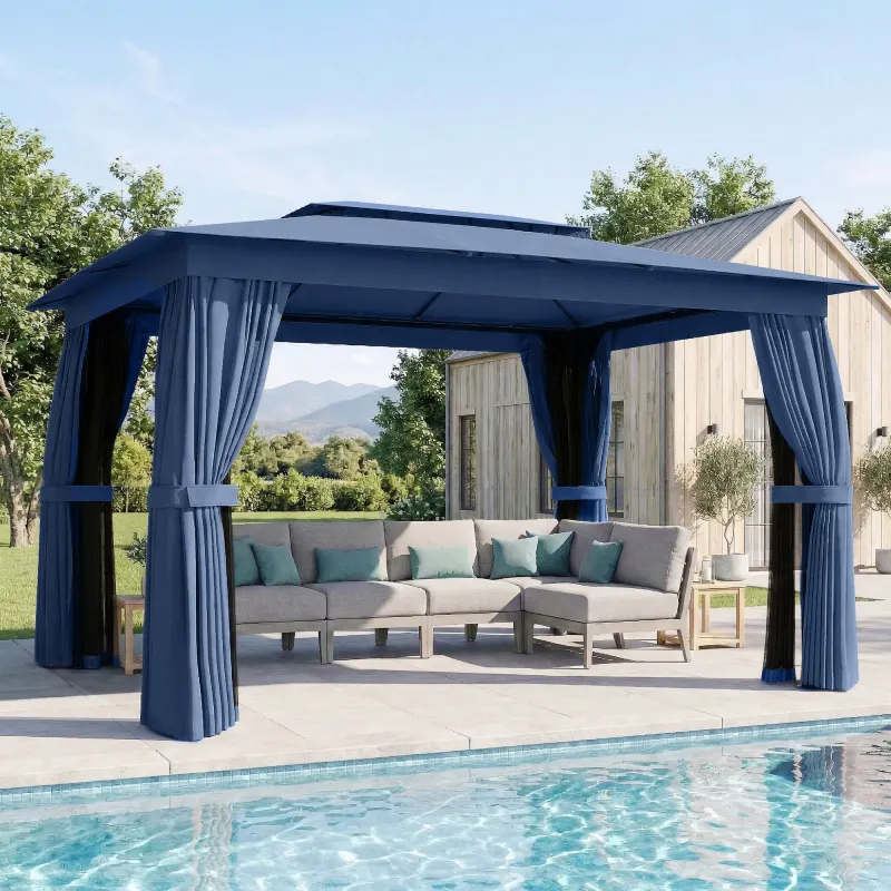 10' x 12' Outdoor Patio Gazebo, Soft Top Gazebo Canopy Shelter with Curtains, Netting, Steel Frame, Hooks, Blue