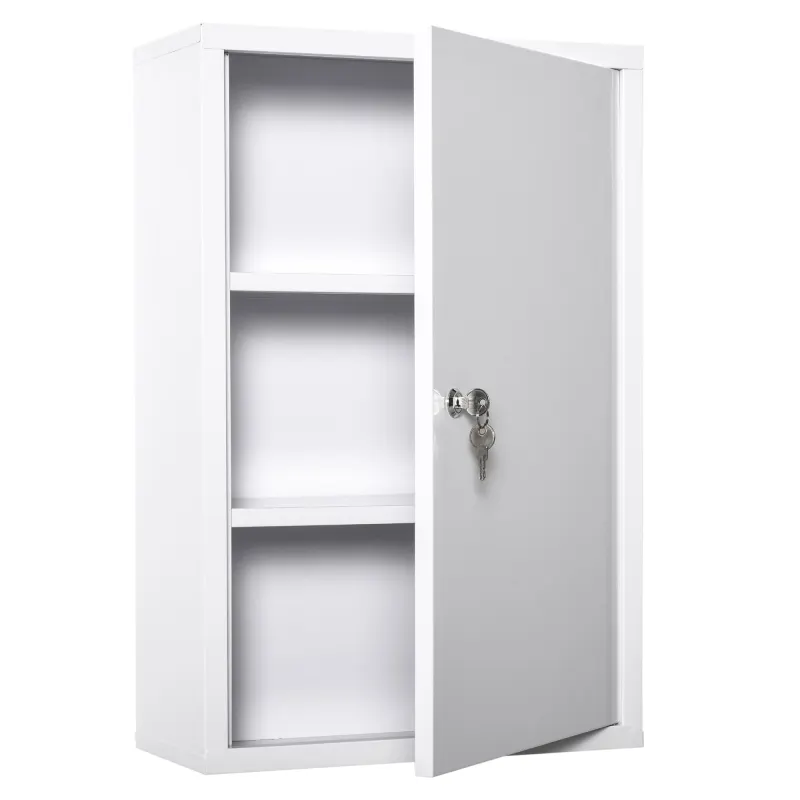 Steel Wall Mount Medicine Cabinet 3 Tier Emergency Box for Bathroom Kitchen, Lockable with 2 Keys - White