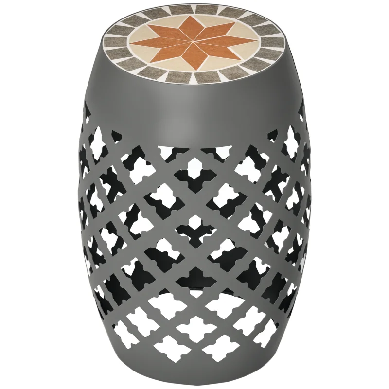 Decorative Outdoor Stool, 12" Round Patio Side Table, Mosaic Accent Plant Stand for Garden, Balcony, Gray