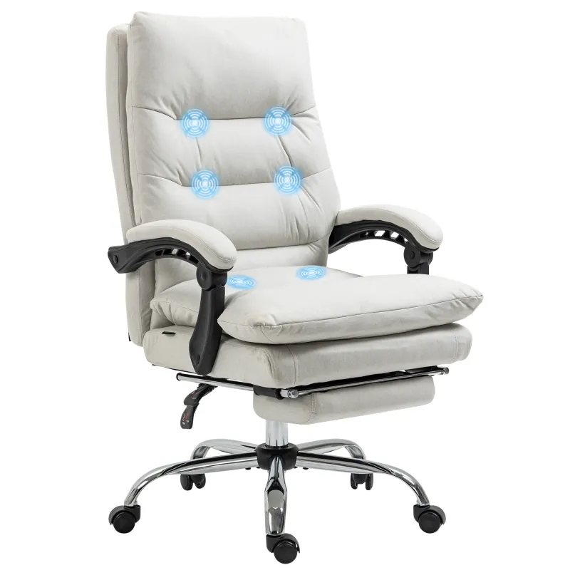 Microfibre Executive Massage Office Chair, Computer Desk Chair, Heated Reclining Chair with Footrest, Double-tier Padding, Swivel Wheels, Cream White