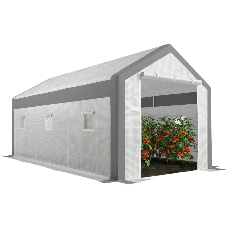 20' x 10' x 9' Walk-In Greenhouse, Outdoor Gardening Canopy with Roll-up Windows, Zippered Doors, Weather Cover, White