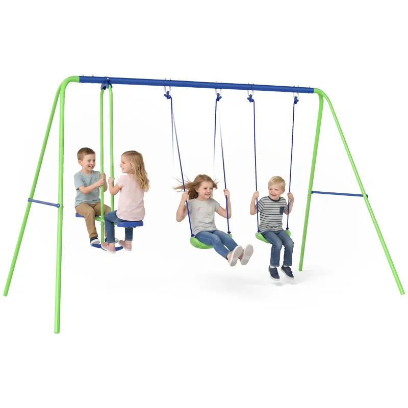 Metal Swing Set with Glider, Two Swing Seats and Adjustable Height, Outdoor Heavy Duty A-Frame Suitable for Playground, Backyard, Green