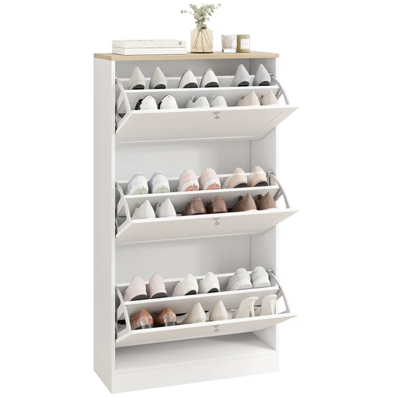 Modern Shoe Storage Cabinet with 3 Flip Drawers and Adjustable Shelves for 12-18 Pairs of Shoes, White