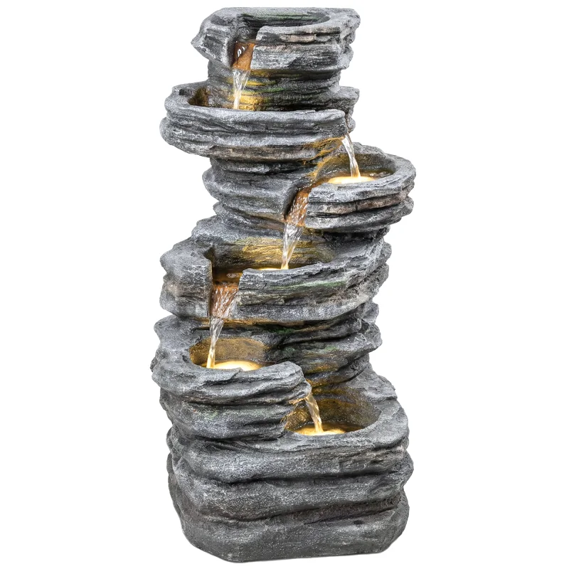 40" Tall Outdoor Waterfall Fountain with LED Lights, 6-Tier Cascading Waterfall Feature, Resin Garden Fountain, Gray