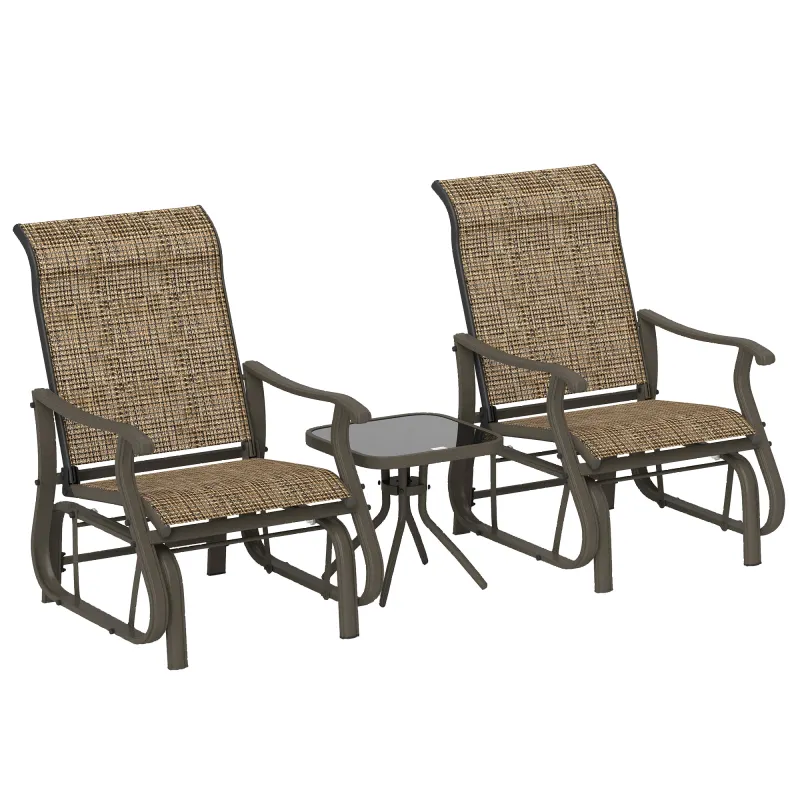 3-Piece Outdoor Gliders Set Bistro Set with Steel Frame, Tempered Glass Top Table for Patio, Garden, Light Mixed Brown