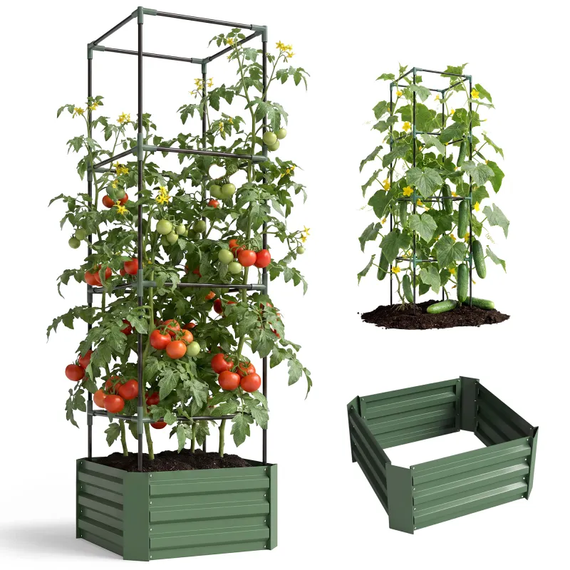 Galvanized Planter Box, 24" x 24" x 73.5" Raised Garden Bed with Tomato Cage for Climbing Vines, Green