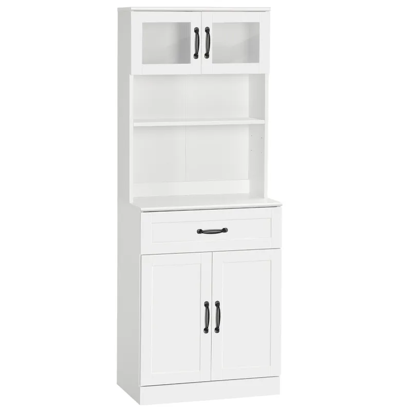 Freestanding Kitchen Pantry, 4-Door Buffet Cabinet with Hutch, Coffee Bar with Adjustable Shelves, 63.5 Inches, White