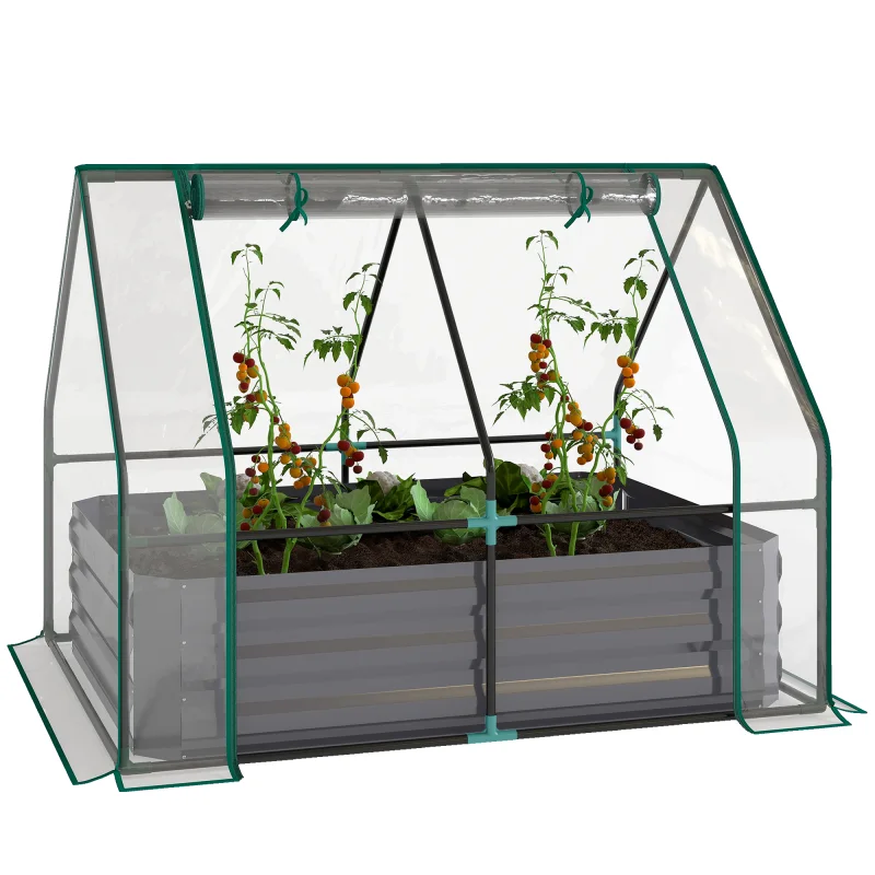 4 x 3ft Raised Garden Bed with Mini Greenhouse, Galvanized Raised Garden Bed with Cover, Clear and Dark Gray