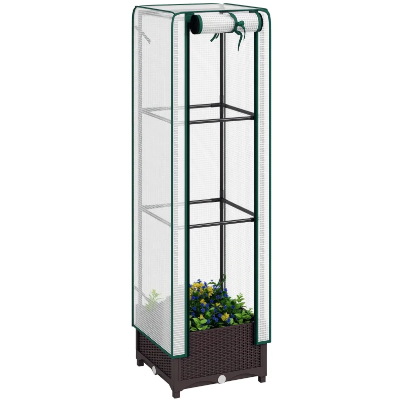 Garden Bed with Trellis, Outdoor Plant Box with PE Cover, Drainage Holes and Zipper Door, 15.7" x 15.7" x 48.8", Brown
