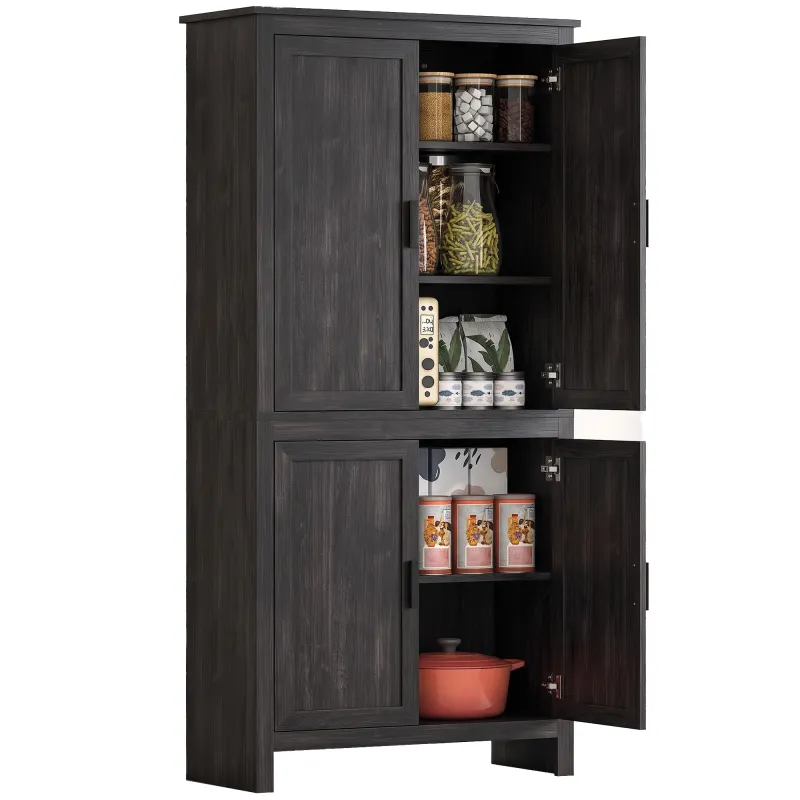 64" 4-Door Kitchen Pantry, Freestanding Storage Cabinet with 3 Adjustable Shelves for Kitchen, Gray Oak