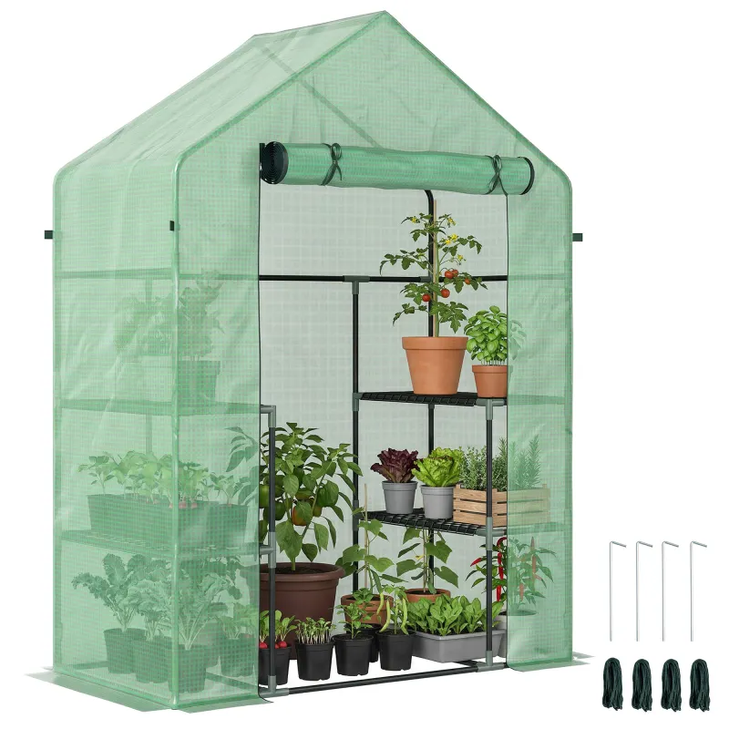 56" x 29" x 77" Walk-in Greenhouse, Garden Hot House with 3 Tier Shleves, Roll-Up Door and PE Cover, Green