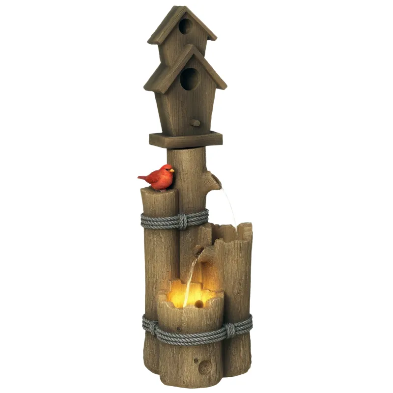 Outdoor Fountain with Birdhouse, Cascading Garden Waterfall Bird Bath with 3-Tier Rustic Tree Trunk / Log Design, Brown