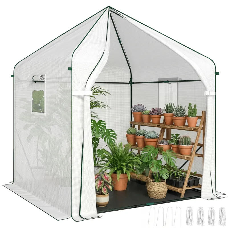 Walk-in Greenhouse, 63" x 63" x 78.7", Roll-Up Door, 3 Mesh Windows, PE Cover, Steel Frame, White